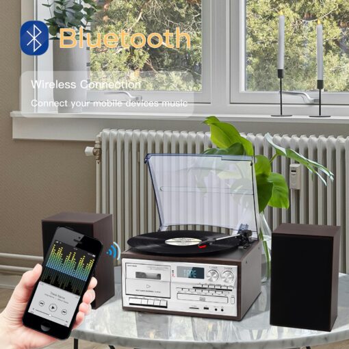 3-Speed Turntable 10 in 1Record Player with Bluetooth, AM/FM Radio, USB/SD/MMC, CD/Cassette Playback, Remote Control, and 2 External Speakers – Great for Gifting - Image 7