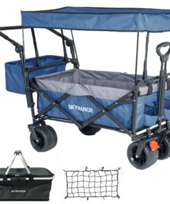 SKYMANOR Collapsible Wagon Folding Garden Cart with Removable Canopy Utility Heavy Duty Wagon Cart with All-Terrain Wheel Storage 4 Brake for Camping Shopping (Upgraded Canopy-Gray-Blue Splicing)