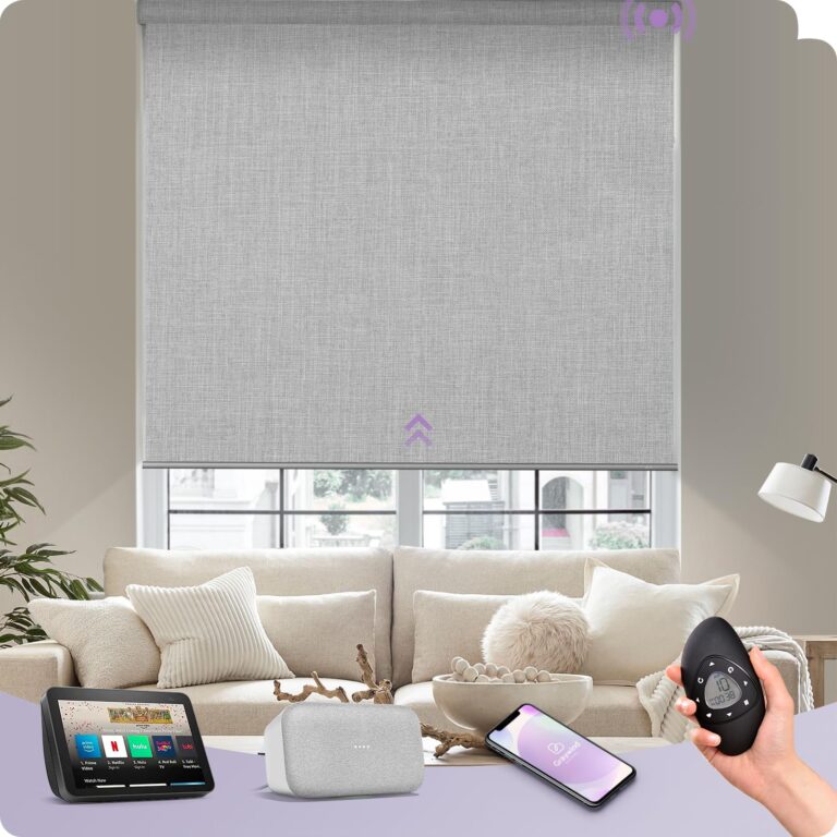Graywind Motorized Roller Shades Compatible with Alexa Google Smart Blackout Shades with Remote Triple Weaved Fabric Window Blinds with Valance for Smart Home Office, Customized Size (Cloudy Grey)