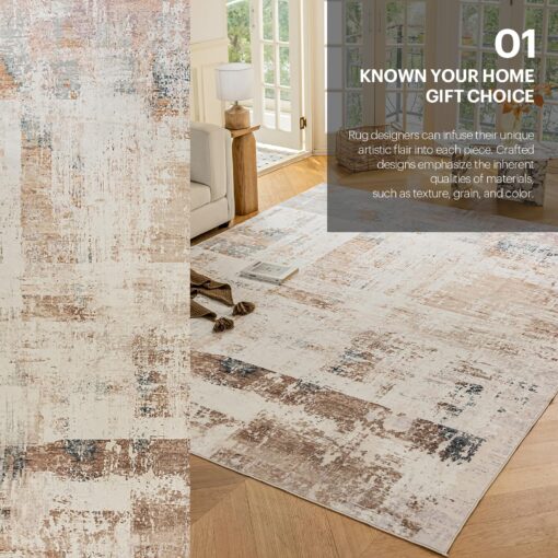 OMERAI Rug 8x10 Area Rug for Bedroom, Washable Morden Art Rug for Living Room Kitchen Dining Room, Non-Slip Faux Wool Home Decor Carpet - Brown & Gold - Image 7