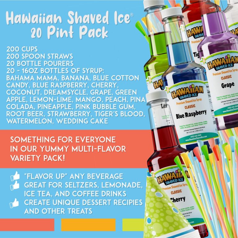 Hawaiian Shaved Ice Party Kit with 20 Syrup Flavors in 16oz. Bottles, 200 Snow Cone Cups, 200 Spoon Straws, and 20 Pouring Spouts. Great for Birthday Parties. Allergy-friendly - Image 6