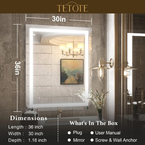 TETOTE 30 x 36 Bathroom LED Mirror Vanity Mirror with Lights,Dimmable,Anti-Fog,Makeup Wall Mounted Modern Lighted Mirror, Tempered Glass - Image 5