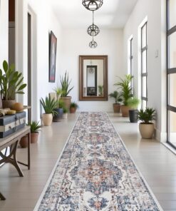 Washable 3x18 Hallway Runner Rug: Vintage Low Pile Soft Kitchen Entry Runner Long Non-Shedding Distressed Carpet for Living Room Dining Room Non Slip Thin Floor Mat for Bathroom Bedroom (3X18, Brick)
