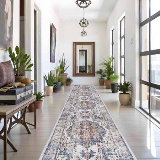 Washable 3x18 Hallway Runner Rug: Vintage Low Pile Soft Kitchen Entry Runner Long Non-Shedding Distressed Carpet for Living Room Dining Room Non Slip Thin Floor Mat for Bathroom Bedroom (3X18, Brick)