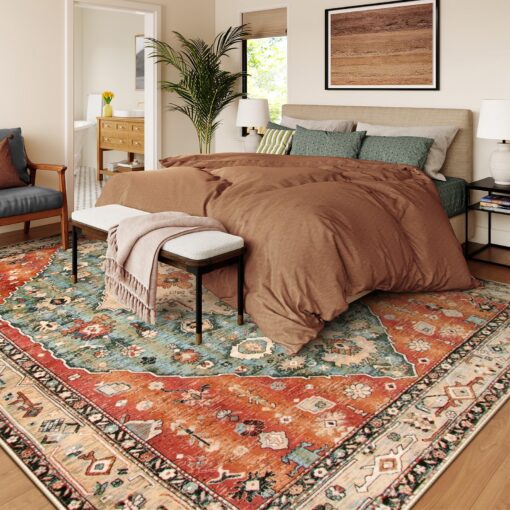 Lahome Boho Tribal 8x10 Area Rugs for Living Room, 8 x 10 Washable Rug for Bedroom Aesthetic, Large Oriental Vintage Soft Dining Room Carpet for Under Table Playroom (Rust/Dull Teal,8x10ft) - Image 9