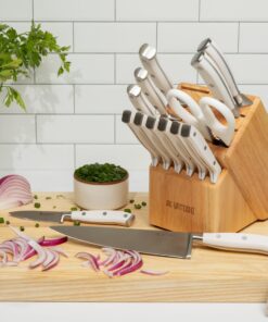 Yatoshi 15 Piece White Knife Block Set - Pro Kitchen Knife Set Ultra Sharp High Carbon Stainless Steel with Ergonomic Handle