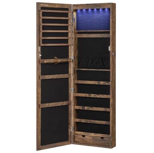 SONGMICS 6 LEDs Mirror Jewelry Cabinet, 47.2-Inch Tall Lockable Wall or Door Mounted Jewelry Armoire Organizer with Mirror, 2 Drawers, 3.9 x 14.6 x 47.2 Inches, Rustic Brown UJJC93CB - Image 2