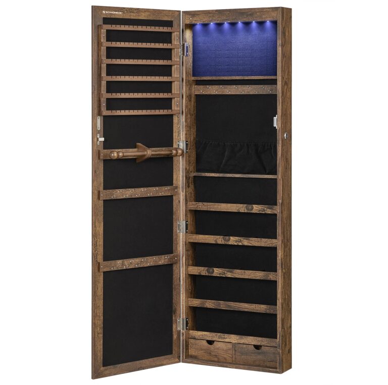 SONGMICS 6 LEDs Mirror Jewelry Cabinet, 47.2-Inch Tall Lockable Wall or Door Mounted Jewelry Armoire Organizer with Mirror, 2 Drawers, 3.9 x 14.6 x 47.2 Inches, Rustic Brown UJJC93CB - Image 2