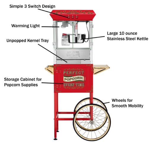 Great Northern Popcorn Company 5995 GNP Red 10oz. Full Perfect Popper Popcorn Machine with Cart and Stainless-Steel Kettle, Warming Light, and Accessories, 10oz, Red - Image 5