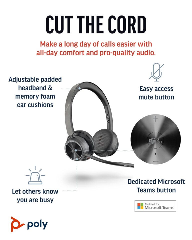 Poly Voyager 4320 UC Wireless Headset (Plantronics) - Stereo Headphones w/Noise-Canceling Boom Mic - Connect PC/Mac/Mobile via Bluetooth - Works w/Teams (Certified), Zoom, & More - Amazon Exclusive - Image 7