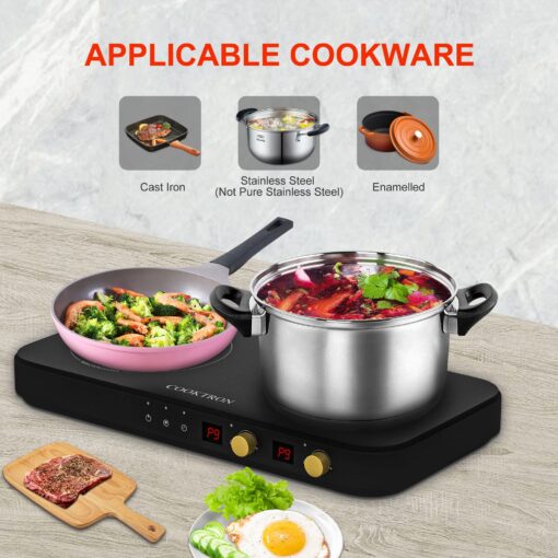 COOKTRON Portable Induction Cooktop 2 Burner with Removable Iron Cast Griddle Pan Non-stick, 1800W Double Induction Cooktop with Child Safety Lock & Time, Great for Family Party - Image 8