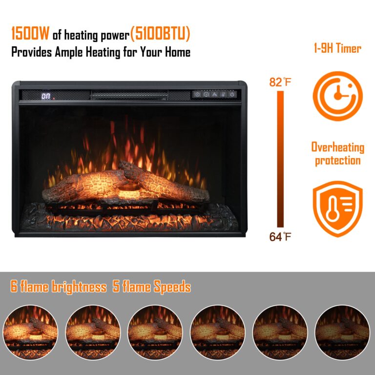 Oxhark Flame 26 Inches Electric Fireplace Inserts, 1500W Wall Recessed with Remote Control, Timer, 6 Brightness and 5 Speeds, Overheating Protection, Fireplace Heater for Indoor Use - Image 4