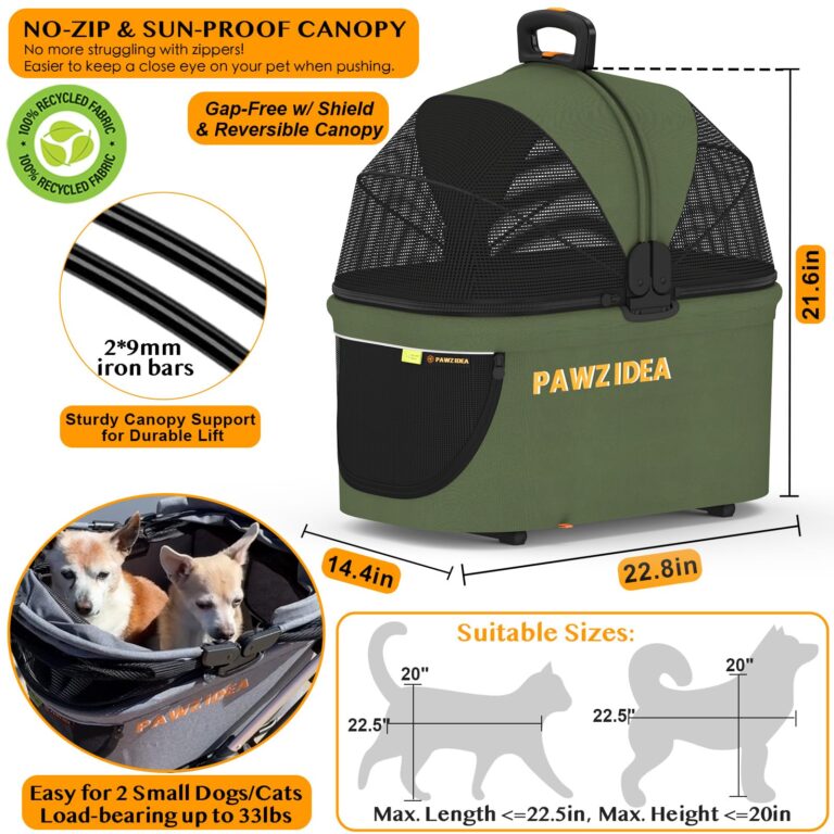 PAWZIDEA Cat Stroller 4 in 1, Pet Stroller for Small/Medium Dogs with Detachable Carrier Easy Lock NO-Zip Canopy, Seatbelt Dog Car Seat, Cozy House, Foldable Dog Jogger Strollers, Large Storage Basket - Image 4