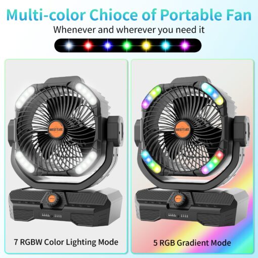 WESTTREE Battery Powered Fan Powerful Airflow Battery Operated Air Circulator Fan for Bedroom,Quiet & 360°Auto Oscillating Rechargeable Camping Fans with LED Light (RGBW) X66 Black - Image 4