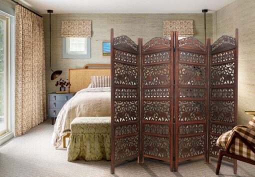 Room Divider Wood Screen - Elephant Hathi Walnut Brown - 4 Panel Fording 72x80 - Intricate Carved Room Décor Boho Portable Partition Privacy Screen Small Spaces Reversible Freestanding - COTTON CRAFT - Image 6