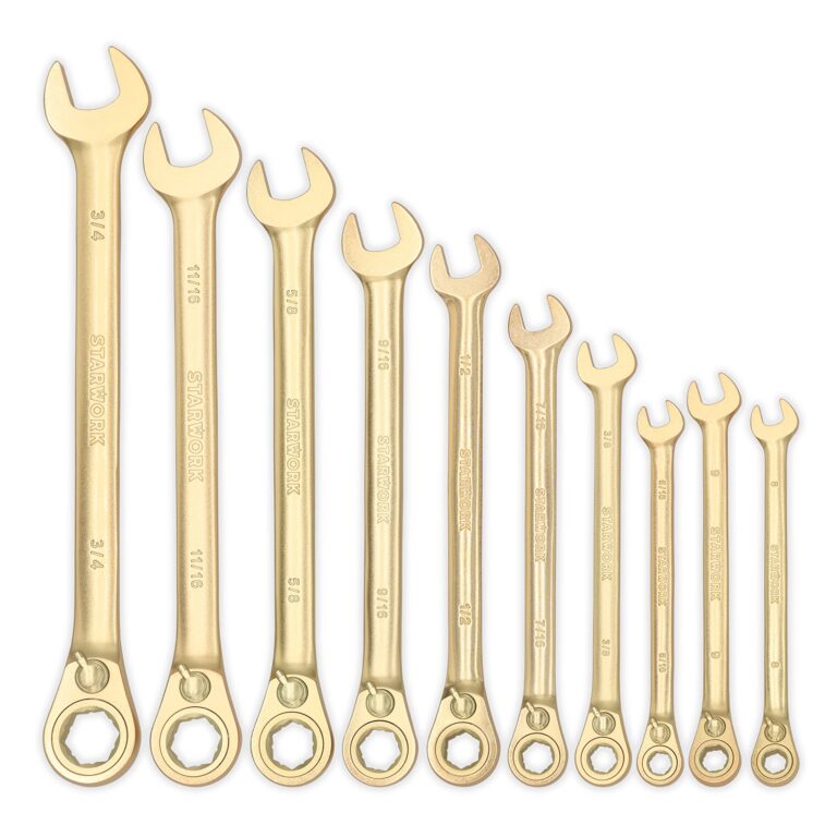 STARWORK 20 Pc. 6-Point SAE, Metric 15° Offset Vintage G-Plating Reversible Non-Slip Long Pattern Ratcheting Combination Wrench Set (5/16" -3/4" & 8-19 mm) - Image 8