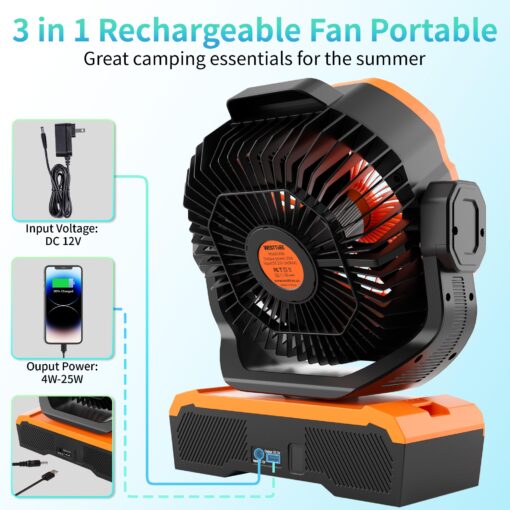 WESTTREE Battery Powered Fan Powerful Airflow Battery Operated Air Circulator Fan for Bedroom,Quiet & 360°Auto Oscillating Rechargeable Camping Fans with LED Light (RGBW) X66 Orange - Image 6