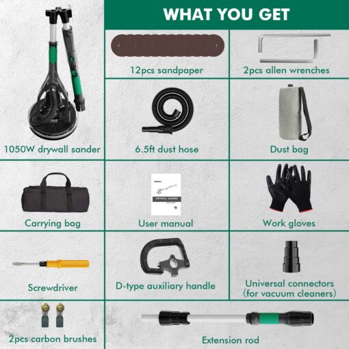 Electric Drywall Sander with Vacuum Dust Collector, IMQUALI® 9.5A 1050W Floor Sanders for Wood Floor with Variable Speed 600-2600RPM, Extendable Handle, LED Light, 12pcs Sanding Discs, Green, IM03 - Image 2