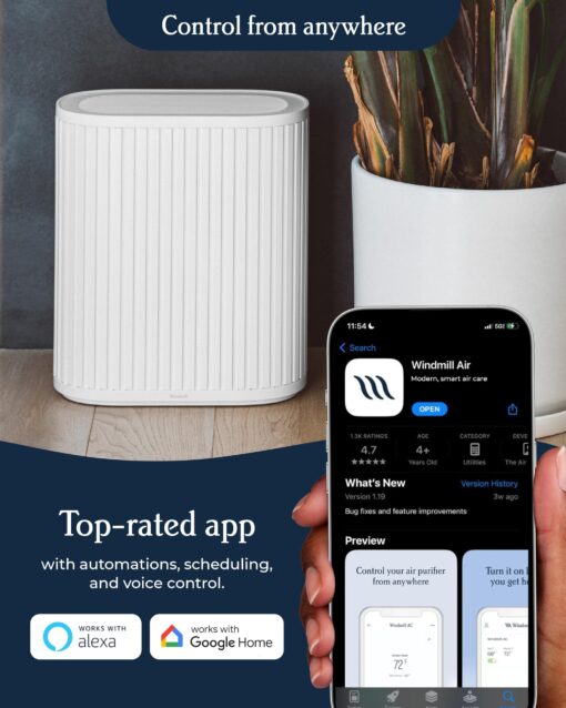 Windmill Air Purifier for Home - 3-In-1 Filtration for Smoke & More - True HEPA Filter, Activated Carbon, & Pre-Filter - Covers Up To 1950 sq ft - Ultra-Quiet - App Compatible - White - Image 2
