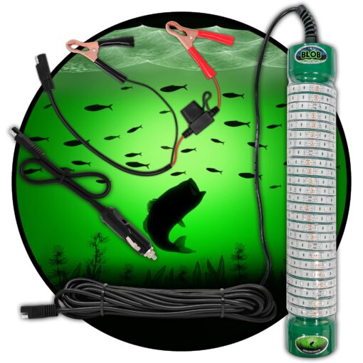 Green Blob Outdoors High Power 15000 Lumens New Fishing Underwater Light 12V with extra long 50ft Cord QD Alligator Clips & Cigarette Lighter Adapters included LED Fish Attractor, Made in Texas (50ft)