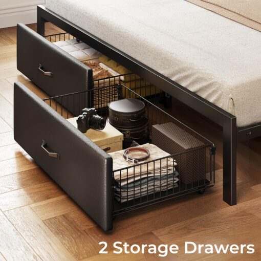 Rolanstar Bed Frame Full Size with Drawers and Charging Station, Upholstered Platform Bed with Storage Headboard and LED Light, Heavy Duty Metal Frame Support, No Box Spring Needed, Noise Free, Black - Image 3