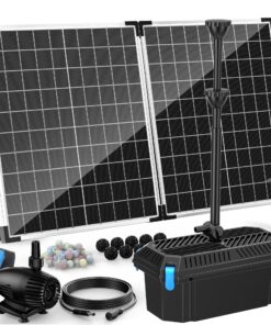 Antfraer Solar Fountain Pump with Pond Filter Kit, 55W 860GPH Solar Water Pump with Pond Filter Box for Outdoor Pond Garden Fountain Waterfall Water Feature(17FT+10FT Power Cord）