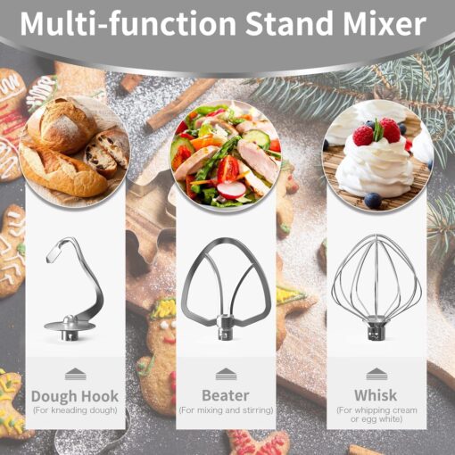 Vospeed 9 IN 1 Stand Mixer, 850W Tilt-Head Multifunctional Electric Mixer with 8 QT Stainless Steel Bowl, 1.5L Glass Jar, Meat Grinder, Hook, Whisk, Beater Dishwasher Safe (Silver) - Image 5
