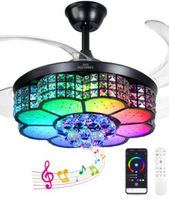 BAYSQUIRREL Retractable Crystal Ceiling Fan with Light, Bluetooth Ceiling Fans with Speaker and Remote/APP Control, 6 Speeds Reversible Blades, RGB-LED Dimmable Chandelier Ceiling Fan