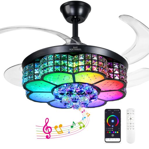 BAYSQUIRREL Retractable Crystal Ceiling Fan with Light, Bluetooth Ceiling Fans with Speaker and Remote/APP Control, 6 Speeds Reversible Blades, RGB-LED Dimmable Chandelier Ceiling Fan