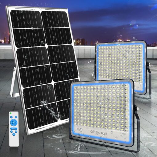 Gebosun 2-Pack 300W LED Solar Flood Light, Remote Controlled, Dusk to Dawn, 30,000Lumen, 6000K, IP67 Waterproof, Wall-Mounted & Pole-Mounted, Perfect for Barn, Warehouse, Backyard and Garden - Image 3