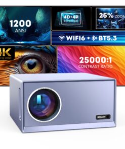 4K Projector with Wifi 6 & Bluetooth 5.3, REPABOW 1200 ANSI Native 1080P Outdoor Movie Projector with Sealed Engine/ Keystone/4P/4D/PPT/25% Zoom, Smart Home Theater Projector for Phone/PC/TV Stick