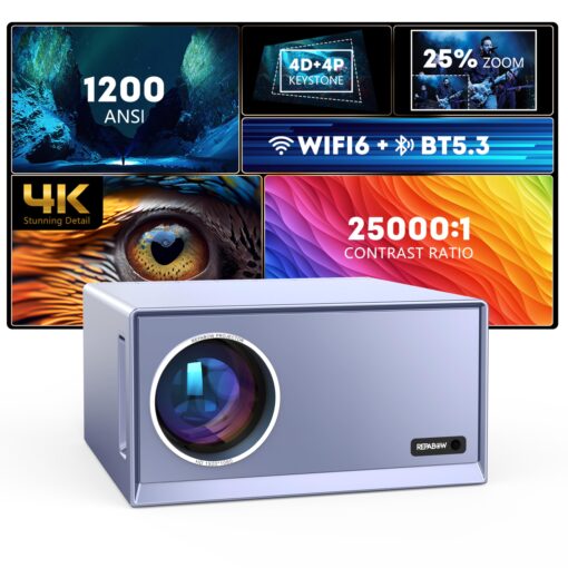 4K Projector with Wifi 6 & Bluetooth 5.3, REPABOW 1200 ANSI Native 1080P Outdoor Movie Projector with Sealed Engine/ Keystone/4P/4D/PPT/25% Zoom, Smart Home Theater Projector for Phone/PC/TV Stick