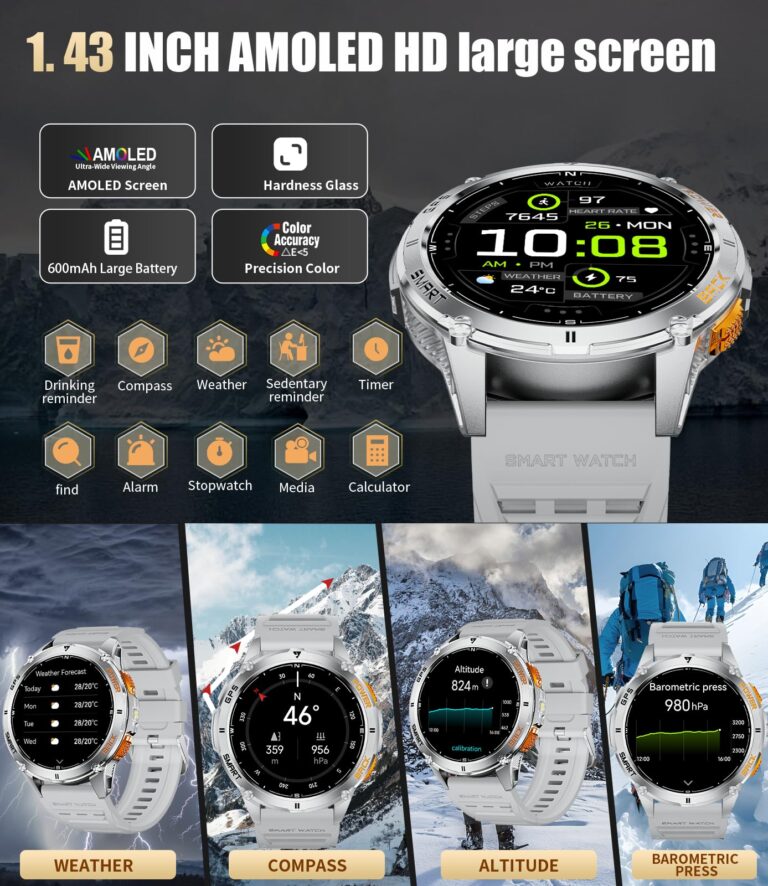 LIGE GPS Smart Watch for Men, 1.43" AMOLED/LED Flashlight/Compass Smartwatch, IP68 Waterproof/Swim Mode/100+ Sports Mode Fitness Tracker Watch, Military Smart Watches for Android iPhone Compatible - Image 6