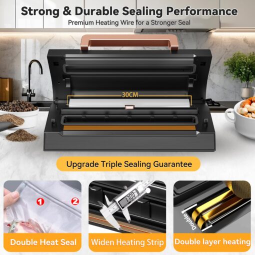 2025 Black Stainless Steel Food Vacuum Sealer, VACAPEX Deluxe Vacuum Sealer Machine with 11" Double Heat Seal and Automatic One-Touch System, Bags Storage & Cutter, Easy-Lock Handle with 2 Bag Rolls - Image 6