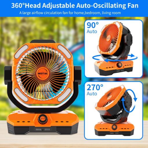 WESTTREE Battery Operated Large Airflow Fan,45000mAh Rechargeable Camping Cordless Fan with 360°Auto Oscillation & Timer, Queit Battery Powered Tent Fans Portable with RGBW Lights for Home X66 Orange - Image 6