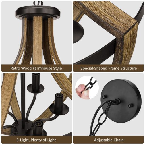 17.7" Modern Farmhouse Geometric Chandelier Light Fixture, 5-Light Adjustable Height Rustic Hanging Pendant Lighting for Dining Room Foyer Kitchen Island, ‎Retro Wood Texture and Black Finish - Image 3