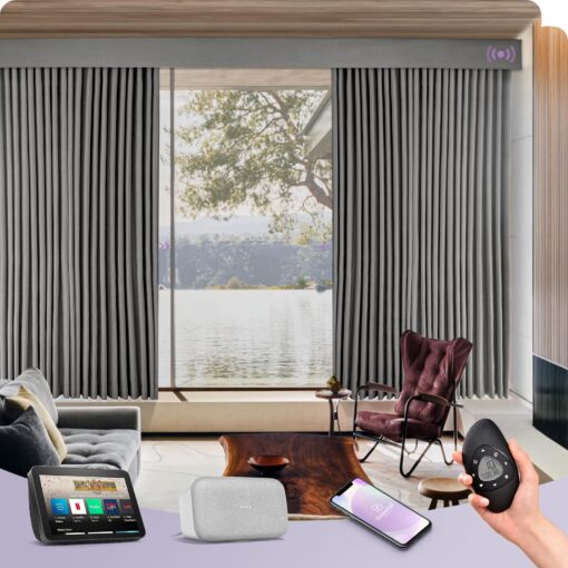 Graywind Hardwired Smart Curtains Motorized Blackout Curtain with Remote Alexa Google Control for Sliding Door Thermal Insulated Drape One-Way or Split Draw, Custom Width to 220" (Vintage Grey)
