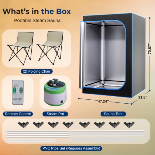SereneLife Portable Sauna for Home, 2 Person Steam Sauna Tent with 4L Steamer, 2 Folding Sauna Chairs, Remote Control In-Home Spa, 71"x47" - inches (Black) - Image 5