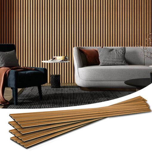 Art3d 4-Pack Acoustic Wood Slat Wall Panels for Interior Decor, 3D Fluted Sound Absorbing Wood Paneling for Accent Wall Ceiling Kitchen Living Room Bedroom Office, 94.5 x 7.9 inch Warm Teak