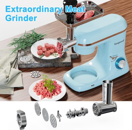 Vospeed 9 IN 1 Stand Mixer, 850W Tilt-Head Multifunctional Electric Mixer with 8 QT Stainless Steel Bowl, 1.5L Glass Jar, Meat Grinder, Hook, Whisk, Beater Dishwasher Safe (Blue) - Image 7