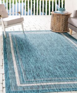Unique Loom Outdoor Border Collection Area Rug - Soft Border (8'x 11' 4" Rectangle, Teal/ Ivory)