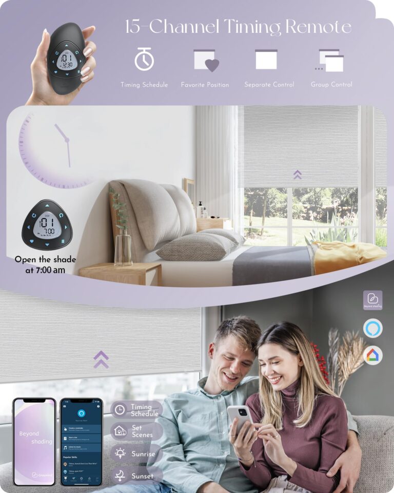 Graywind Smart Blackout Roller Shades Compatible with Alexa Google Textured Gleaming Fabric Rechargeable Motorized Blinds Cordless Remote Control Window Shades, Custom Size (Striped Light Grey) - Image 5