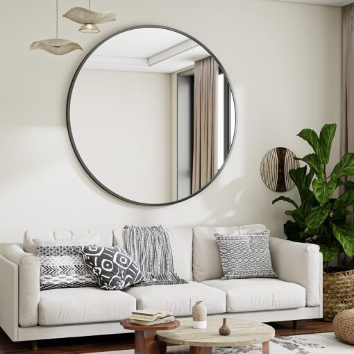VooBang Black Round Bathroom Mirror, 48 inch Circle Modern Wall Mirror with Simple Metal Frame, Hanging for Bathroom, Hallway, Living Room, Black Frame - Image 7