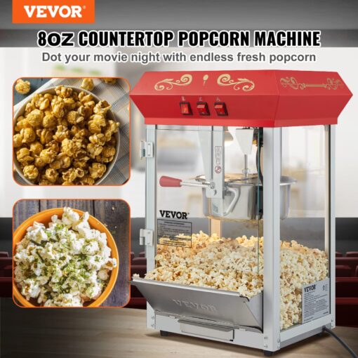 VEVOR Commercial Popcorn Machine, 8 Oz Kettle, 850 W Countertop Popcorn Maker for 48 Cups per Batch, Theater Style Popper with 3-Switch Control Steel Frame Tempered Glass Doors 2 Scoops 2 Spoons, Red - Image 9