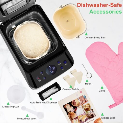 3LB Larger & 20-in-1 Ultra Quiet Bread Maker Machine, 710W Die-Cast Ceramic Pan Bread Machine with Dual Heaters, Stainless steel Breadmaker with Auto Fruit Dispenser & 2 Custom Menus,Extra 2 Paddles - Image 2