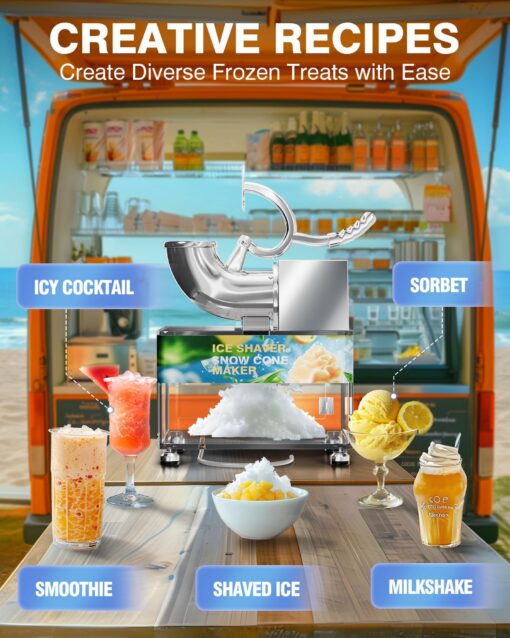 PYY Snow Cone Machine - Commercial Ice Crusher Shaver, Electric Crushed Shaved Snowcone Maker, 440LBS/H 1400RPM All-Copper Motor, Stainless Steel Full Body, Dual Blades, Acrylic Box and Drain Pipe - Image 4