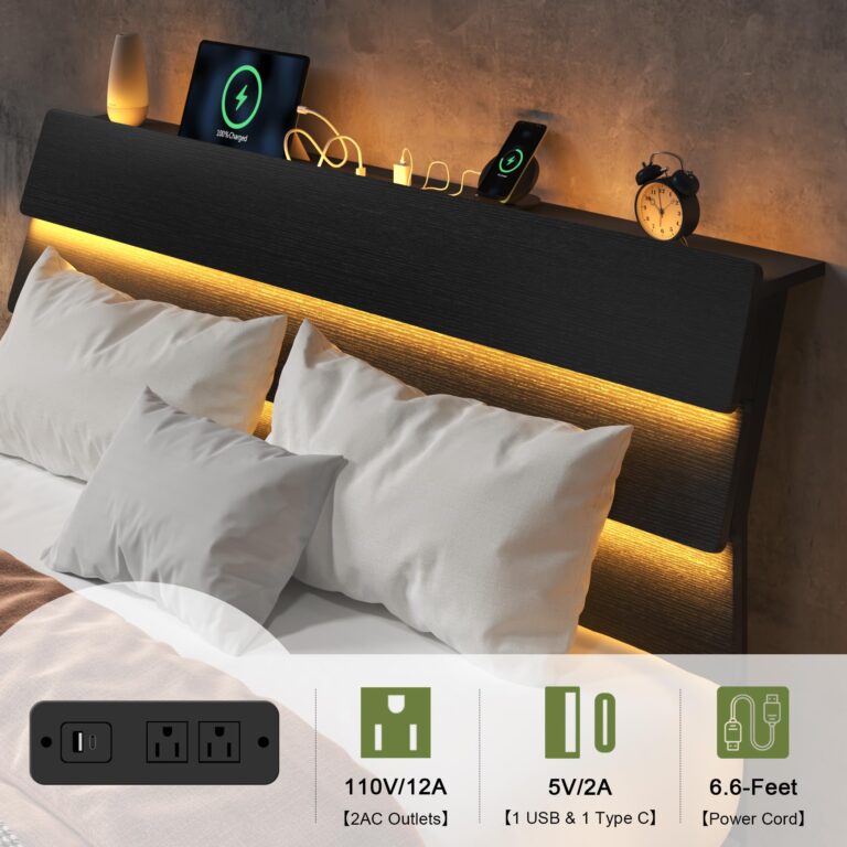 Feonase King Size Floating Bed Frame with Led Lights and Charging Station, Wood King Bed Frame with Storage Headboard, Heavy Duty Metal Slats, No Box Spring Needed, Easy Assembly, Black - Image 6