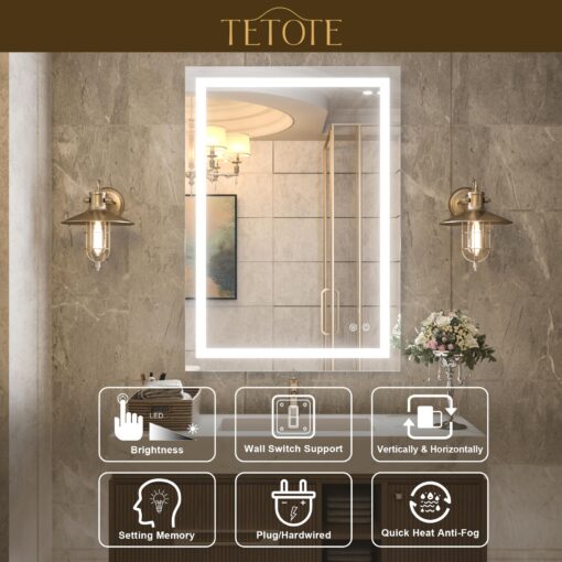 TETOTE 30 x 36 Bathroom LED Mirror Vanity Mirror with Lights,Dimmable,Anti-Fog,Makeup Wall Mounted Modern Lighted Mirror, Tempered Glass - Image 3