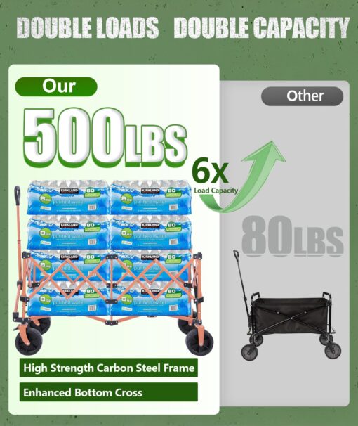 Moothing 48”L Foldable Wagons Carts Extended, Collapsible Folding Wagon 500lbs Heavy Duty, 400L Large Beach Wagon, Utility Wagon with All Terrain Big Wheels for Sports, Camping, Grocery, Garden, Green - Image 5
