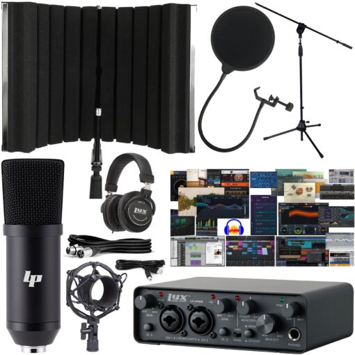 LyxJam 2x2 USB Audio Interface with Asio Driver and NEW Creative Software Bundle with LP Professional Condenser Microphone Kit, Mic Stand and Recording Headphones, Isolation Recording Shield